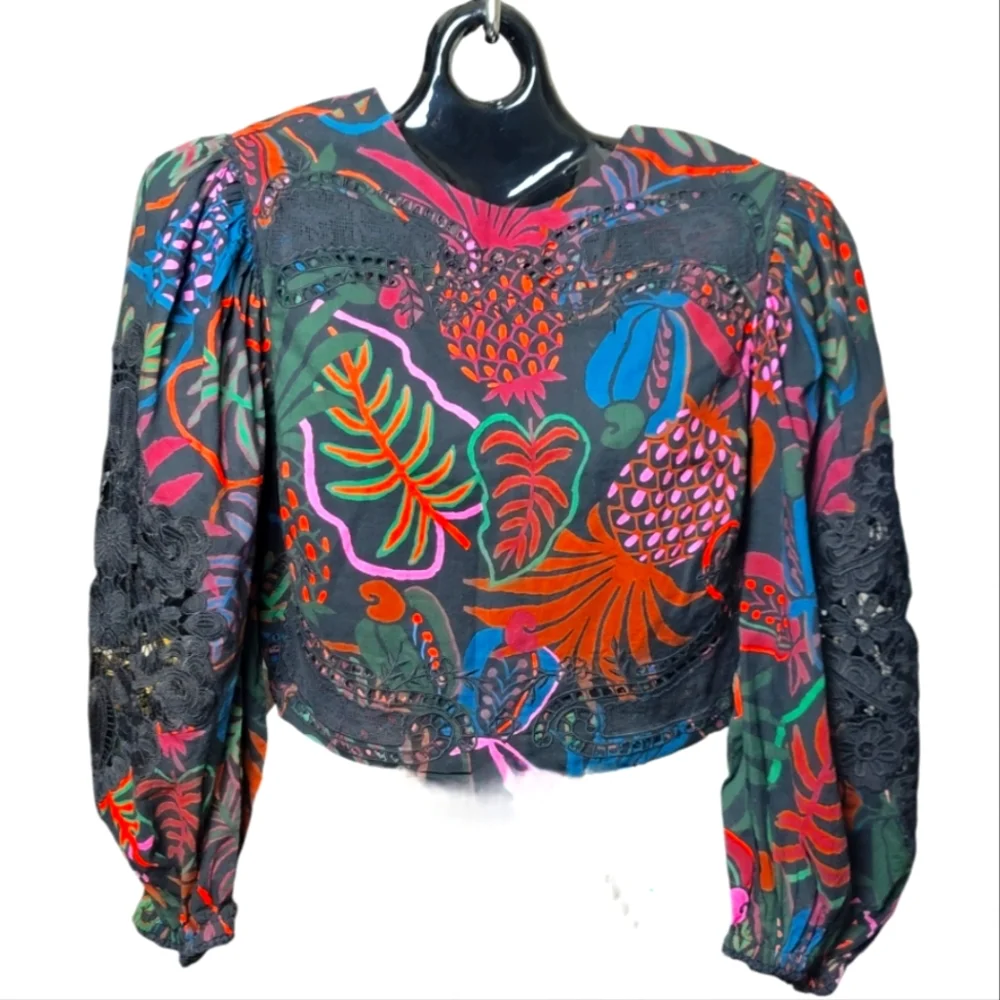 FARM Rio FrutisDream Puff Sleeve SubtleFruit Print NWT Sz S BOHO Art to Wear Y2K